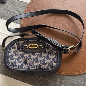 Ralph Lauren Navy Monogram Crossbody with Gold Hardware